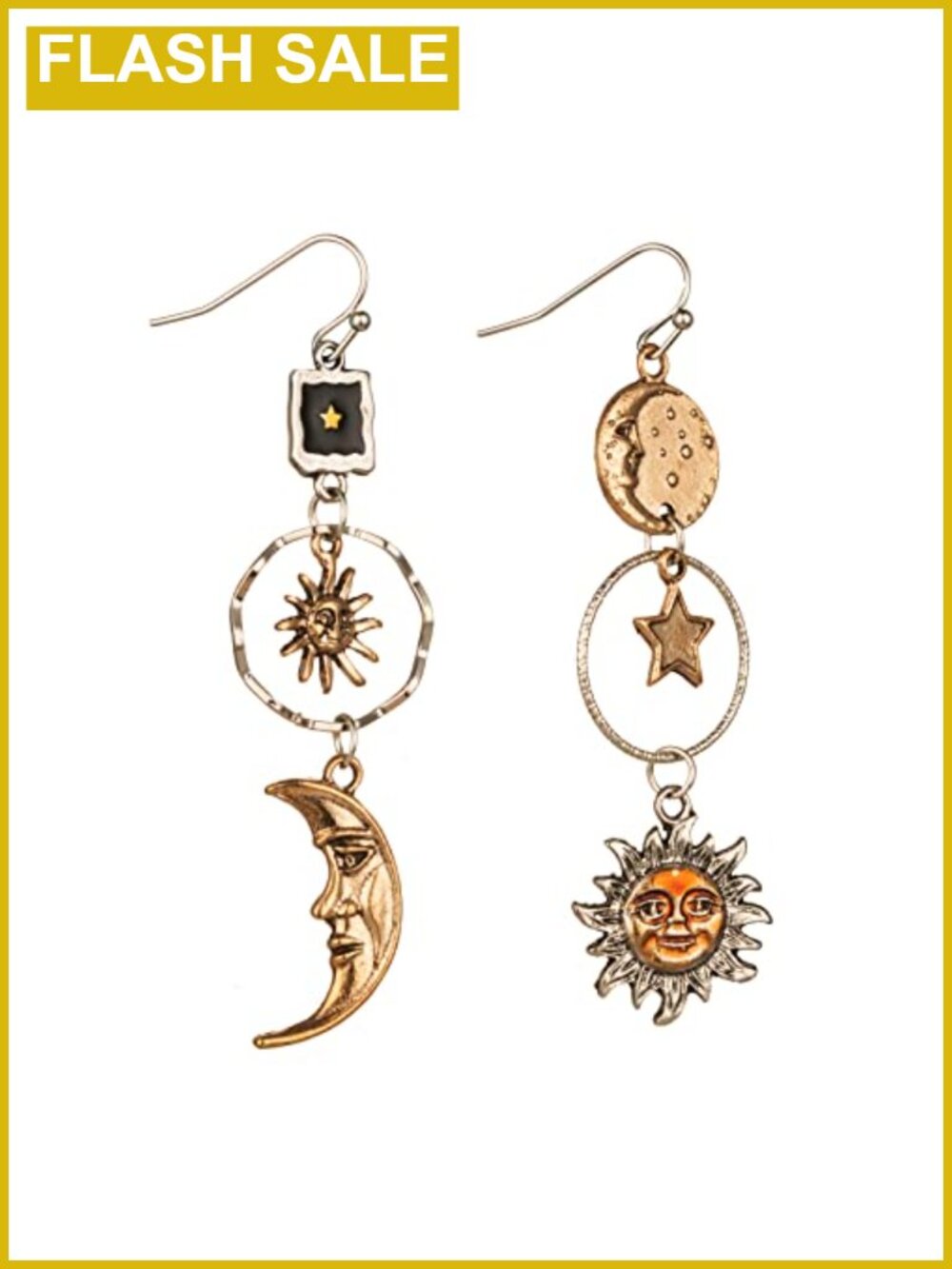 Gold Copper Asymmetric Sun Moon Star Dangle Drop Earrings French Wire